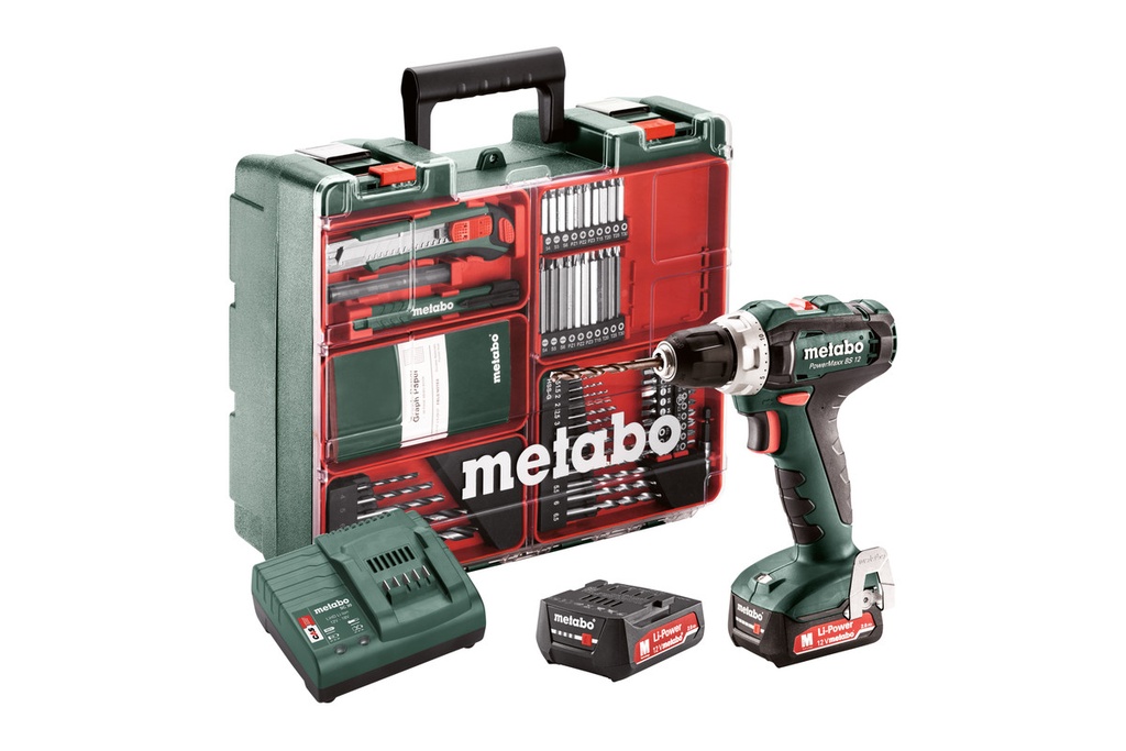 دريل ميتابو شحن 12 فولت 10 ملم مع 2 بطارية 18 فولت 2 أمبير وشاحن - ( Metabo PowerMaxx BS 12 Set)