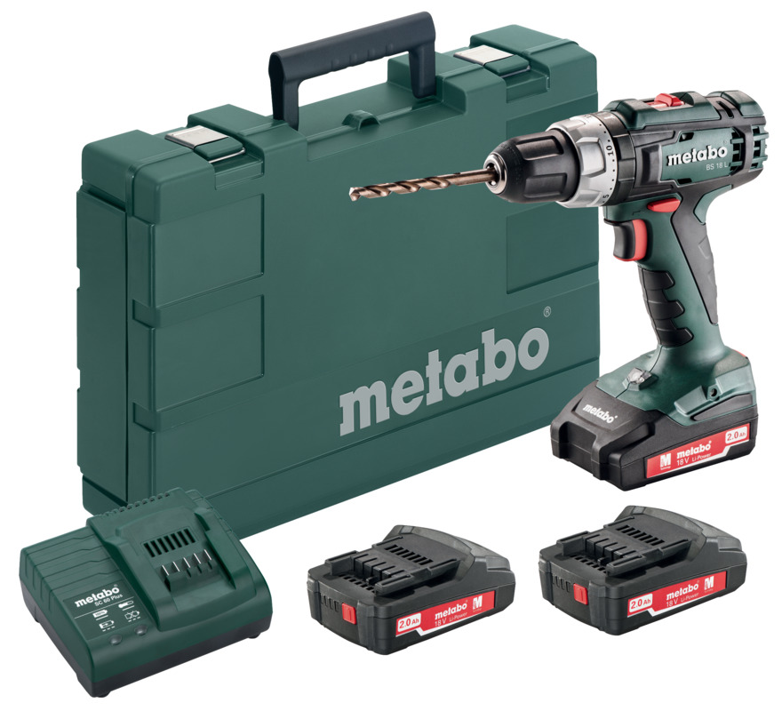 دريل ميتابو شحن 18 فولت 13 ملم مع 3 بطاريات 18 فولت 2 امبير وشاحن - ( Metabo BS 18 L Set)