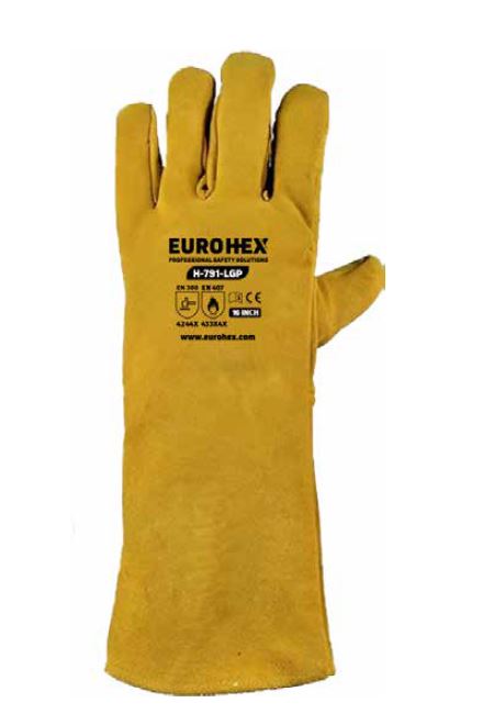 EuroHex H791LGP Welding Glove yellow cow spilt leather 16" 4244X With Double Skin Palm Protection