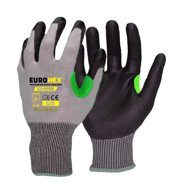EuroHex NDF6753 18-Gauge A5 Anti-Cut Glove Foam Nitrile Palm Coating with Thumb Reinforcement