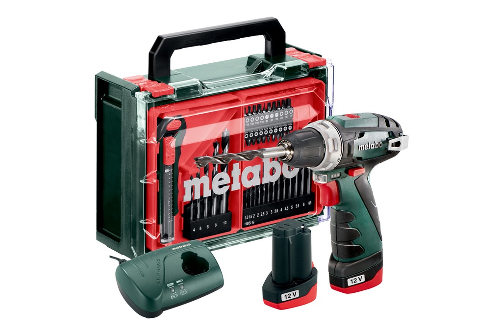 دريل ميتابو شحن 12 فولت 10 ملم مع 2 بطارية 18 فولت 2 أمبير وشاحن - ( Metabo Powermaxx BS 12 Basic Set)