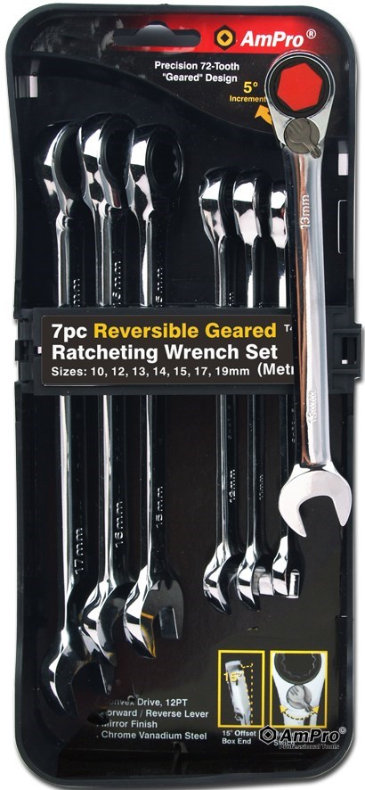 7PC REV RATCHETING WRENCH SET (10 - 19mm) 