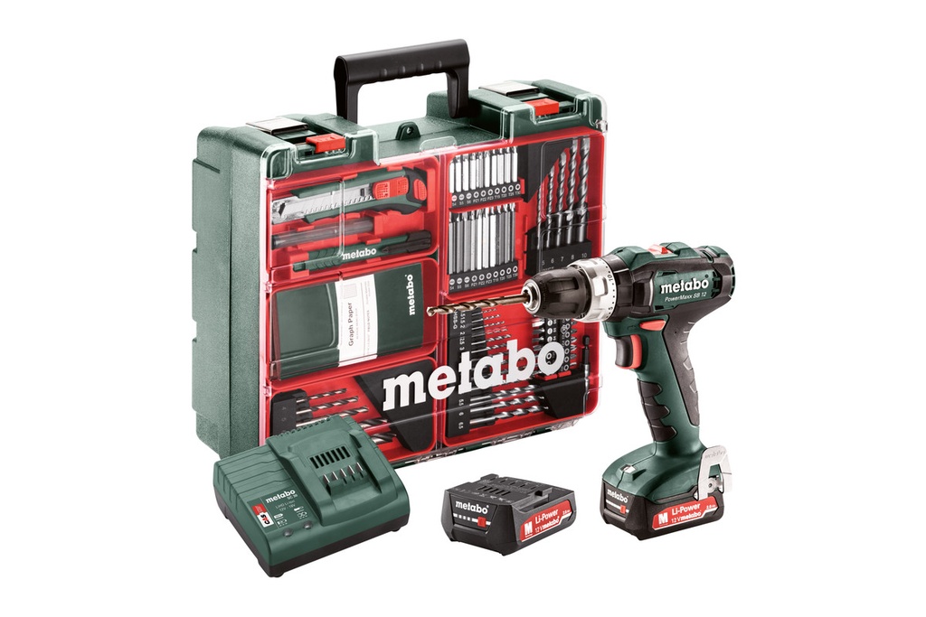 دريل شاكوش ميتابو شحن 12 فولت 10 ملم مع 2 بطارية 12 فولت 2 أمبير وشاحن - ( Metabo PowerMaxx SB 12V Set)