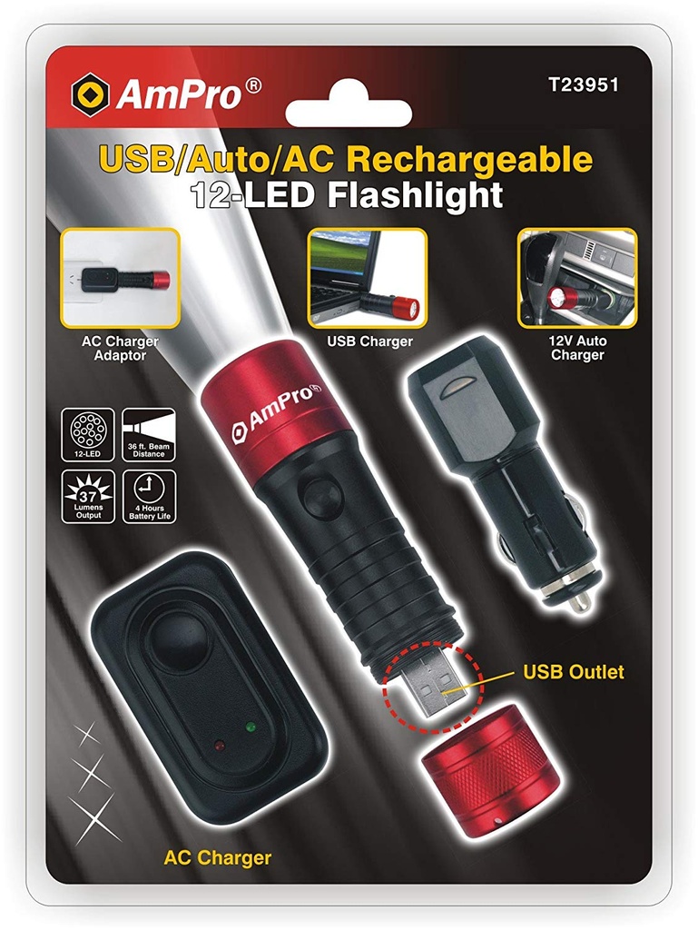 12-LED RECHARGEABLE USB FLASHLIGHT SET (RED) 
