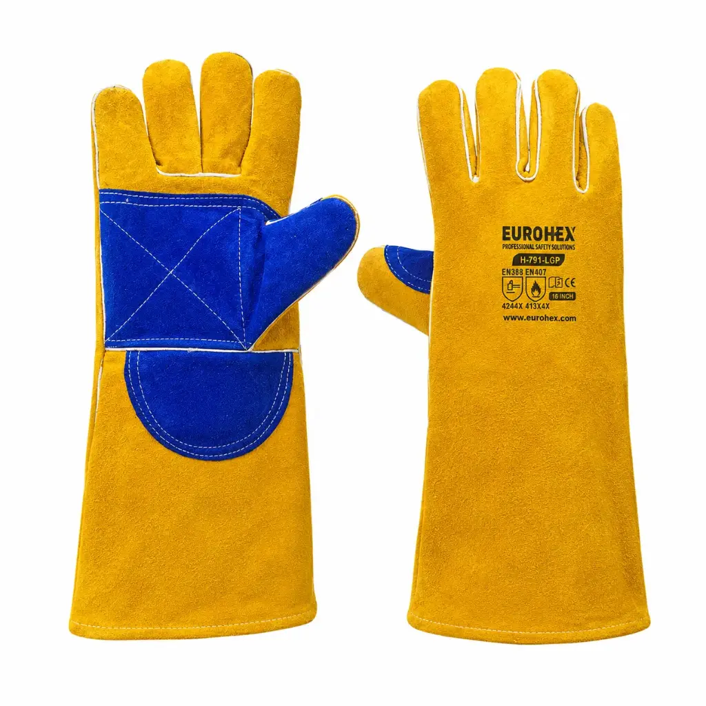 EuroHex H791LGP Welding Glove yellow cow spilt leather 16" 4244X With Double Skin Palm Protection